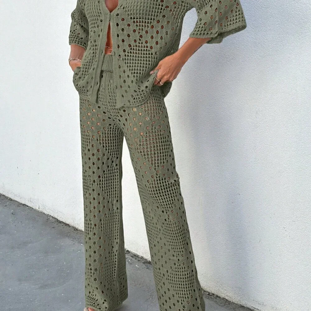 Olive Green Women's Set Rhombus Crochet Loose Batwing Cover Up And Loose Pants